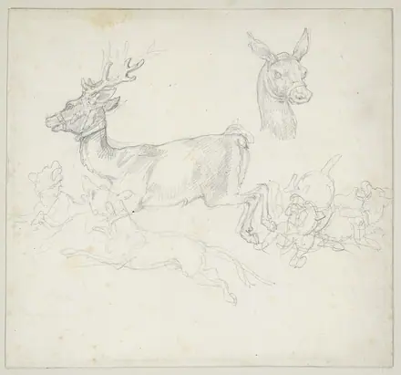 Géricault - Study of Deer Chased by Dogs, Doe’s Head (verso), 1965.9.19a-b — Théodore Géricault