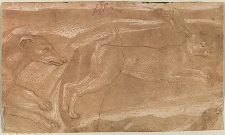 Benozzo Gozzoli, A Hound Chasing a Hare, c. 1455, NGA 75840 — Benozzo Gozzoli
