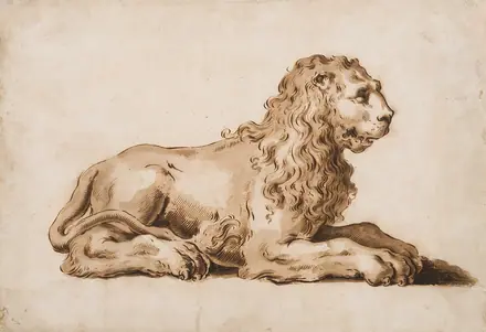 A Recumbent Lion by Pietro Antonio Novelli, pen and brown ink and brown wash — Pietro Antonio Novelli