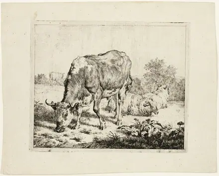 Bull Grazing and Three Sheep — Adriaen van de Velde