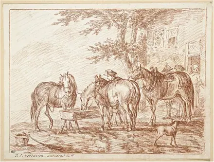 Jan Peeter Verdussen - Three peasants leaving their horses to go to the hostel — Jan Peeter Verdussen