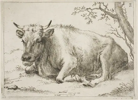 Cow Lying Beside a Tree, plate 7 from Eight Bulls and Cows