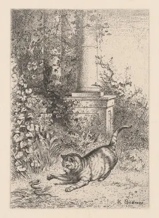 A Domestic Cat Playing with a Garter Snake MET DP874277