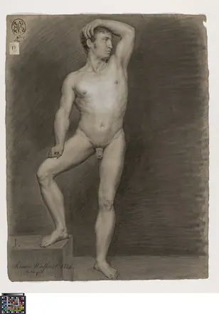 Academische studie naar levend model, staand mannelijk naakt, 1824, Adrianus Wulffaert, Musea Brugge, 0016.GRO0182.II — Adrianus Wulffaert
