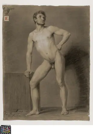 Academische studie naar levend model, staand mannelijk naakt, 1837, Henry Jean Becquet, Musea Brugge, 0016.GRO0217.II