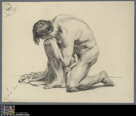 Academische studie naar prent, knielend mannelijk naakt met doek, 1877, Louis de Stecker, Musea Brugge, 0022.GRO0641.II — Louis de Stecker