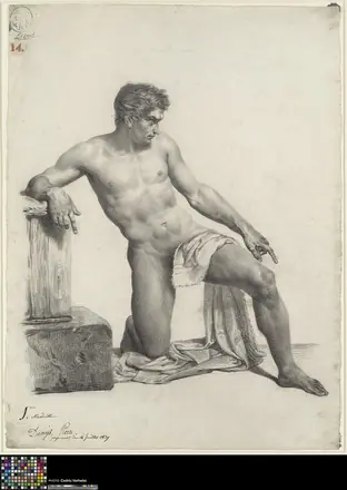 Academische studie naar prent, knielend mannelijk naakt, 1839, Pièrre Denis, Musea Brugge, 0022.GRO0351.II