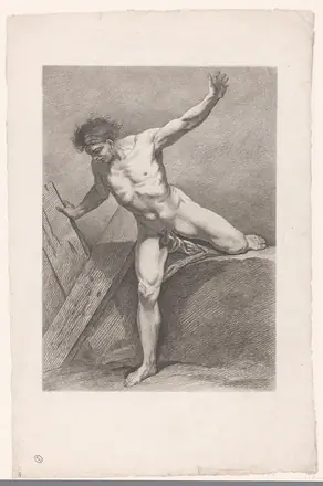 Academische studie van een op één been balancerend mannelijk naakt, RP-P-2014-14-2 — Unknown artist