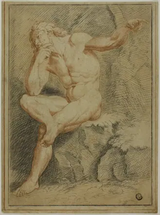 Seated Male Nude Pointing with Left Hand — Unknown artist