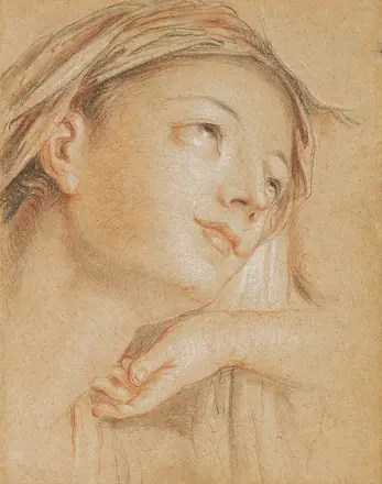 Charles-Antoine Coypel - The head of the Virgin, looking up to the right, with a subsidiary study of a hand
