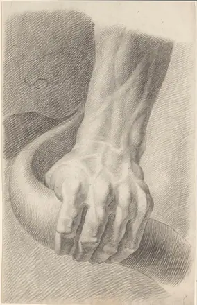 Academiestudie naar een gips van een antiek beeld detailstudie van een hand uit de Laocoön, RP-T-1988-44 — Unknown artist