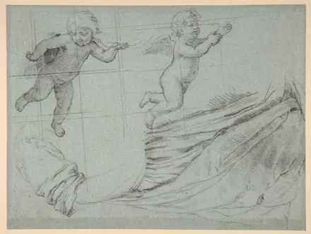 Studies of Two Flying Putti and of Drapery (recto); Seated Virgin and Child, and Kneeling Child (verso) — Sassoferrato