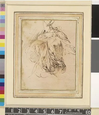 Parmigianino - Study of drapery on the body of a seated woman, showing part of head turned to right, 1905,1110.62 — Parmigianino