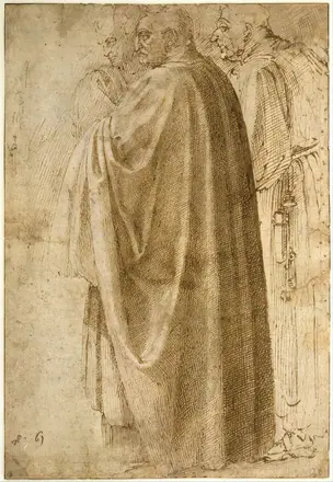Michelangelo Buonarroti - Three Standing Men in Wide Cloaks Turned to the Left (recto), c. 1492-1496 - Google Art Project — Michelangelo