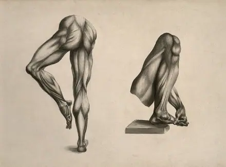 Écorché legs: two figures. Pencil and ink wash drawing, after an unidentified work on anatomy, ca. 1830(?). — Unknown artist