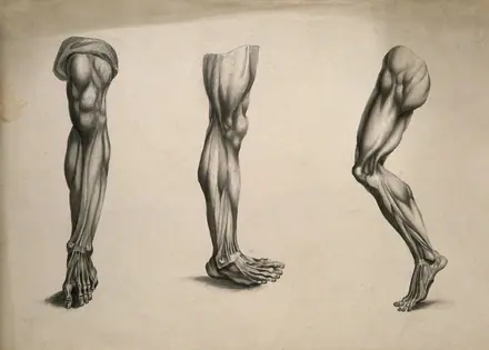 Écorché legs: three figures. Pencil and ink wash drawing, after an unidentified work on anatomy, ca. 1830(?). — Unknown artist