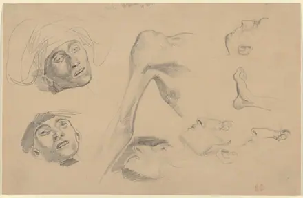 [PIEDI] Head, Shoulder, and Foot, Studies for "Scenes from the Chios Massacres" — Eugène Delacroix