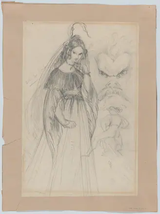 [SCHIENA] A Femme Fatale, a mask-like male face, and male figure seen from behind (recto). An angel descending stairs (verso) — Theodor Richard Edward von Holst