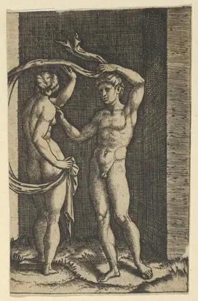 [SCHIENA] Nude woman viewed from behind holding fabric which blows behind her, looking at male nude standing in contrapposto in front of her