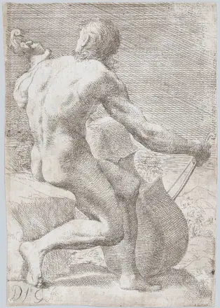 [SCHIENA] Study from behind of a naked man playing a cello, from "Principios para estudiar el Nobilísimo y Real arte de la Pintura" — José García Hidalgo