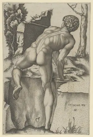 [SCHIENA] Naked man viewed from behind climbing a river bank, after Michelangelo