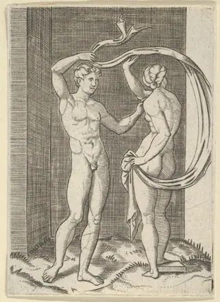 [SCHIENA] Naked woman viewed from behind holding fabric which billows behind her, looking at naked man standing before her — Unknown artist