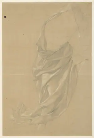 Draperiestudie van een naar rechts schrijdende figuur, de mantel over het hoofd geslagen, RP-T-1953-230 — Unknown artist