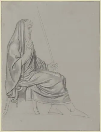 Draperiestudie van een zittende man met stok, naar rechts, RP-T-00-2089 — Unknown artist