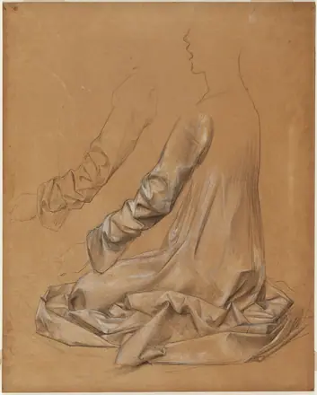 Etude de drapé sur un personnage de trois-quarts de dos, en tailleur, et étude d'une manche, PPD740