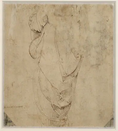 Raffaello - Draperiestudie (Studie zur Rückenfigur der Muse für den Parnass, Stanza della Segnatura, Vatikan), 219v — Raphael