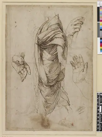 Raphael - A man standing slightly to left, his hands held out and a drapery study, Pp,1.74 — Raphael