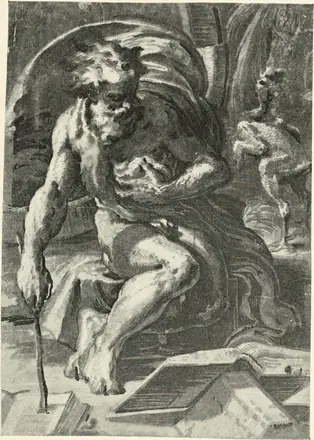 Diogenes. Chiaroscuro woodcut by Ugo da Carpi