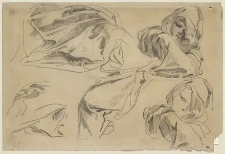 Delacroix - Tête d'oriental drapée, et quatre études de draperie, RF 9655, Recto — Eugène Delacroix