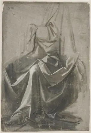 Drapery Study for a Seated Figure Seen in Three-quarter Profile to the Left label QS:Lde,"Draperiestudie einer Sitzfigur in Dreiviertelprofil nach links" label QS:Len,"Drapery Stud — Leonardo da Vinci