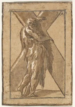 St. Andrew standing in profile view and grasping a monumental cross, chiaroscuro woodcut in green and brown, from a series of twelve apostles after Parmigianino — Antonio da Trento / Parmigianino