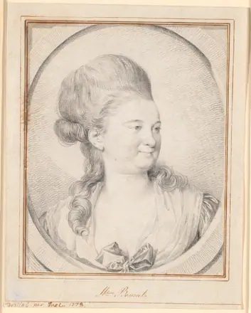 Portræt af Madame Charles Bonnet, født de la Rive. Brystbillede i trekvart profil mod højre i tegnet stenoval — Jens Juel