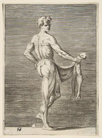 Flayed man seen from behind turning left