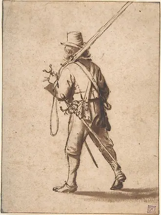 A Walking Musketeer, seen from behind — Anthonie Palamedesz