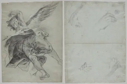 A Flying Angel (recto); Studies of Hands Playing Instruments (verso) — Giovanni Battista Piazzetta