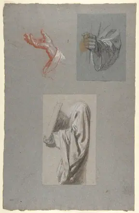 A. Hand of Saint Remi; b. Hand of Saint Remi; c. Drapery Study for Acolyte Holding Book (middle register); (studies for wall paintings in the Chapel of Saint Remi, Sainte-Clotilde,