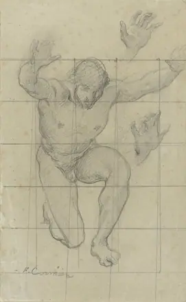Studie naar mannelijk naakt, knielend, de armen omhoog, RP-T-1943-95 — Unknown artist