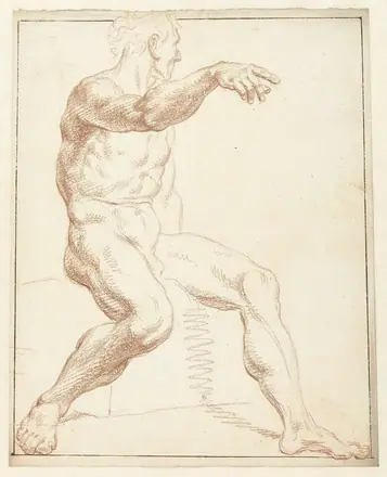 Studie van een zittend mannelijk naakt, wijzend met de rechterarm, RP-T-1942-151 — Unknown artist