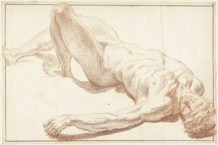 Studie van mannelijk naakt, liggend op de rug, met gestrekt been, RP-T-1942-153 — Unknown artist