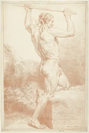 Studie van een mannelijk naakt, op één knie, met een stok boven het hoofd, RP-T-1886-A-596 — Unknown artist